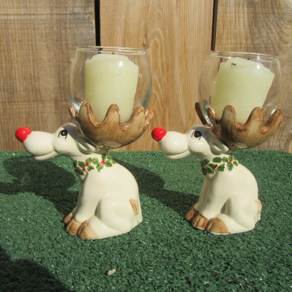 Set of 2 Vintage Fitz And Floyd Rudolph w/ Votive Candle Christmas Sets JAPAN - Picture 2 of 8